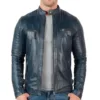 MENS BLUE LEATHER BIKER JACKET