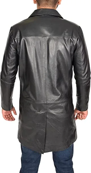Mens Long Leather Black Coat - Image 3