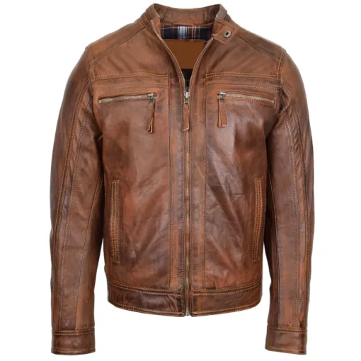 Mens Antique Brown Leather Cafe Racer Biker Jacket