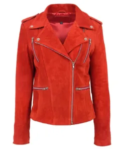 Womens Suede Red Leather Biker Jacket