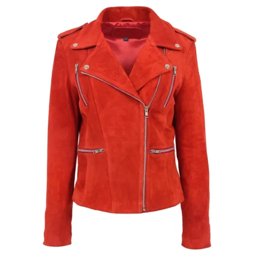 Womens Suede Red Leather Biker Jacket
