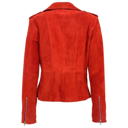Womens Suede Red Leather Biker Jacket - Image 2