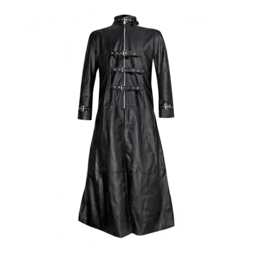 Black Leather Gothic Trench Coat With Buckle