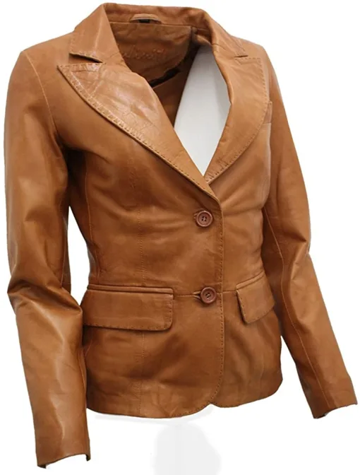 Ladies Casual Tan Leather Blazer Jacket - Image 2