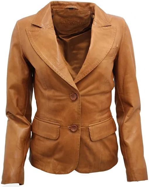 Ladies Casual Tan Leather Blazer Jacket
