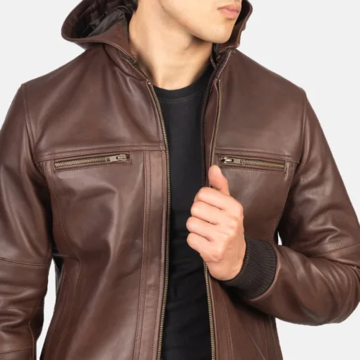 Bouncer Biz Brown Leather Bomber Jacket - Image 2