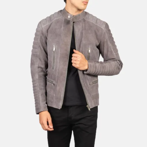 Damian Grey Suede Biker Leather Jacket - Image 2