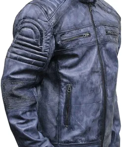 Distressed Blue Cafe Racer Biker Jacket