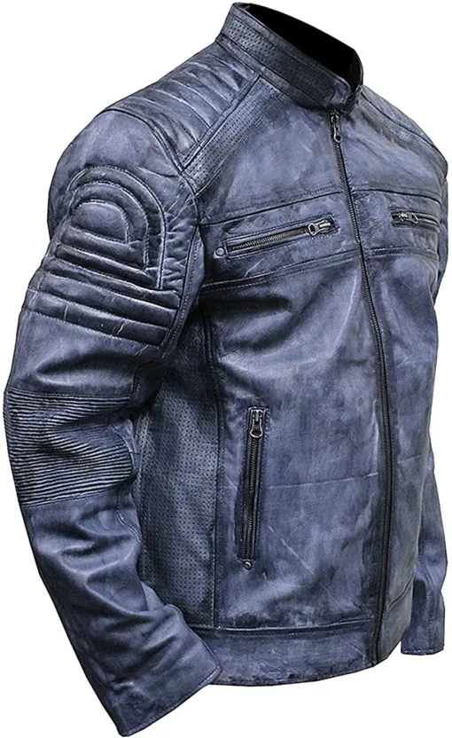 Distressed Blue Cafe Racer Biker Jacket