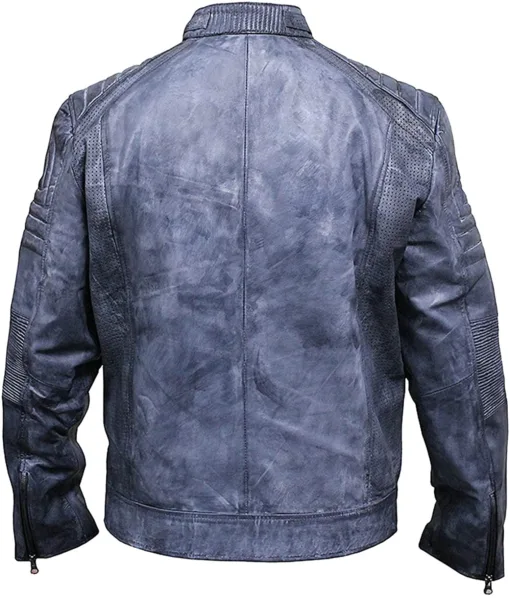 Distressed Blue Cafe Racer Biker Jacket - Image 2