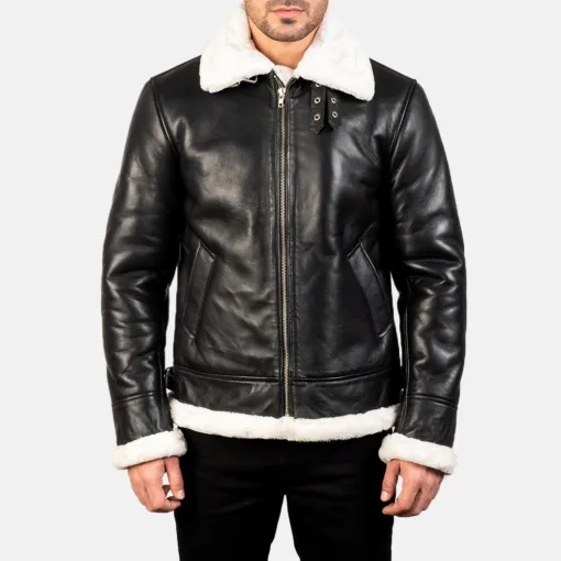 Francis B-3 Black & White Leather Bomber Jacket - Image 3