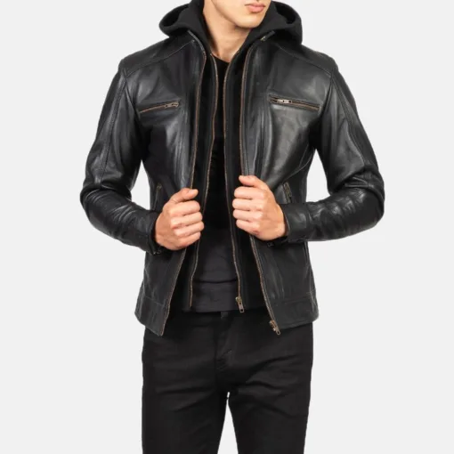 Hector Black Hooded Leather Biker Jacket - Image 2