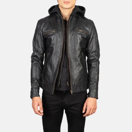 Hector Black Hooded Leather Biker Jacket - Image 3