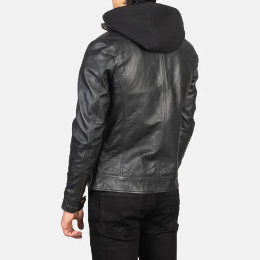 Hector Black Hooded Leather Biker Jacket - Image 4