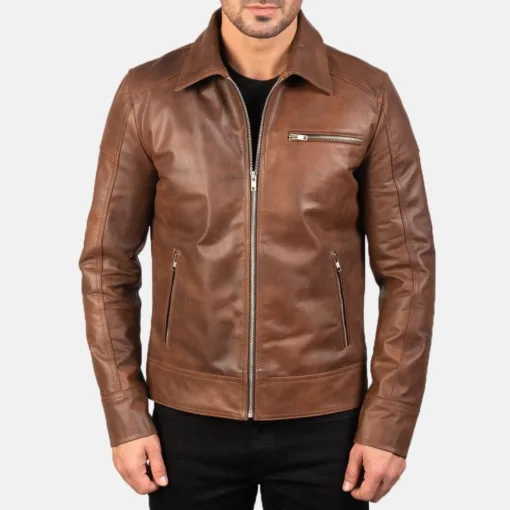 Lavendard Brown Leather Biker Jacket - Image 3