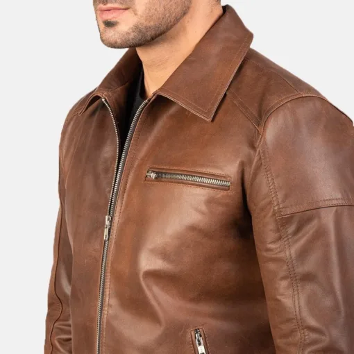 Lavendard Brown Leather Biker Jacket - Image 5