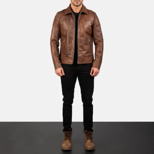 Lavendard Brown Leather Biker Jacket - Image 6