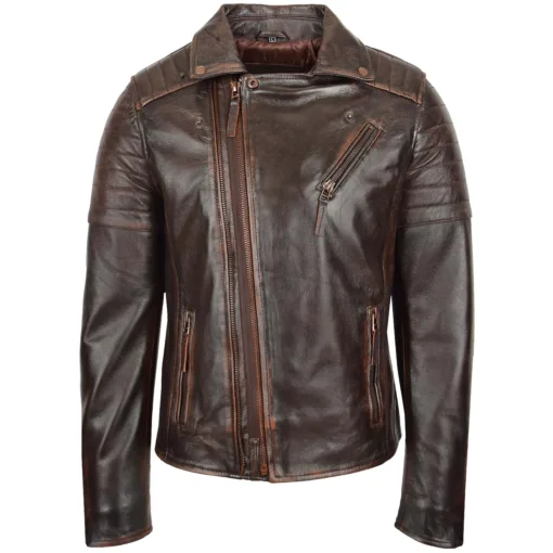 Mens Dual Zip Brown Vintage Biker Leather Jacket - Image 2
