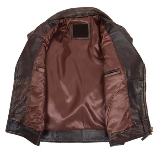 Mens Dual Zip Brown Vintage Biker Leather Jacket - Image 3
