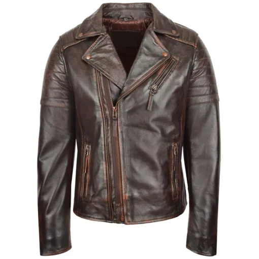 Mens Dual Zip Brown Vintage Biker Leather Jacket