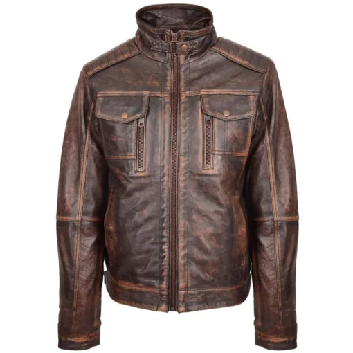 Mens Leather Brown Vintage Urban Biker Jacket - Image 2