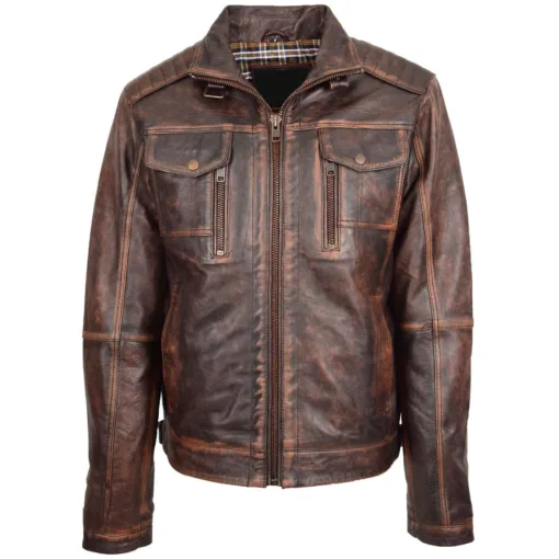 Mens Leather Brown Vintage Urban Biker Jacket