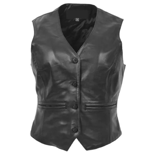 Womens Rita Black Leather Buttoned Waistcoat