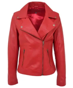 Womens Soft Cross Zip Red Biker Leather Jacket