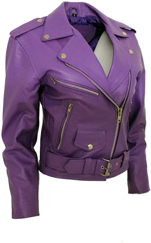 Women's Stylish Brando Purple Leather Biker Jacket - Image 4