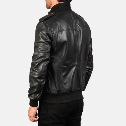 Agent Shadow Black Leather Bomber Jacket - Image 3