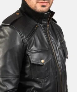 Agent Shadow Black Leather Bomber Jacket