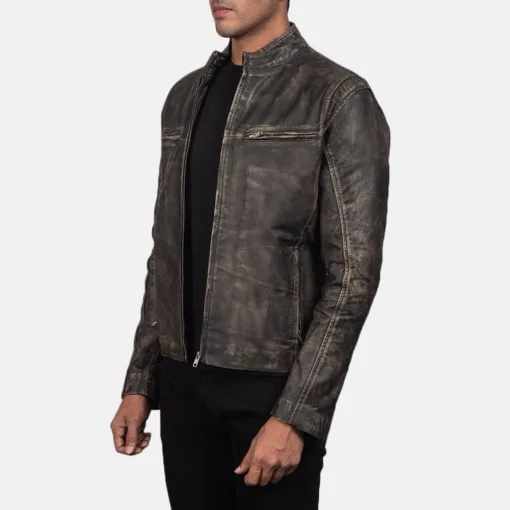 Ionic Distressed Brown Leather Biker Jacket - Image 3