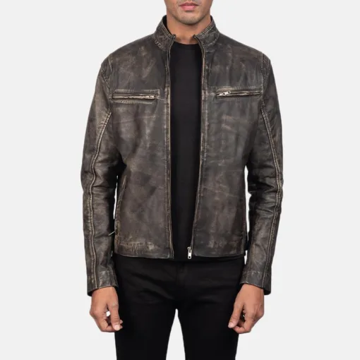 Ionic Distressed Brown Leather Biker Jacket - Image 2