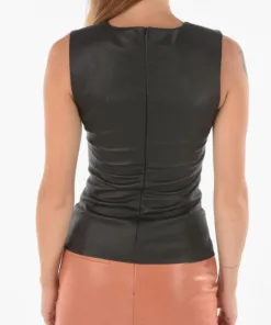 Women Black Leather V Neck Tank Top