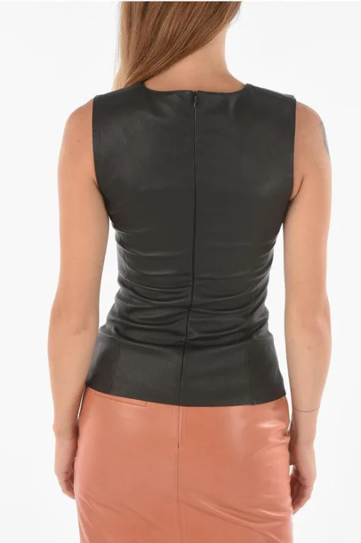 Women Black Leather V Neck Tank Top