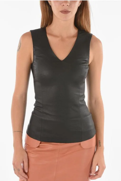 Women Black Leather V Neck Tank Top