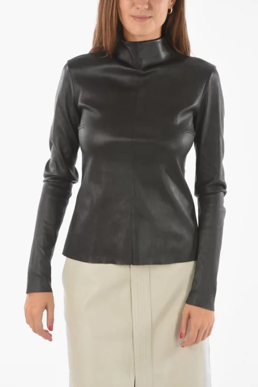 Women Long Sleeve Turtleneck Soft Leather Top